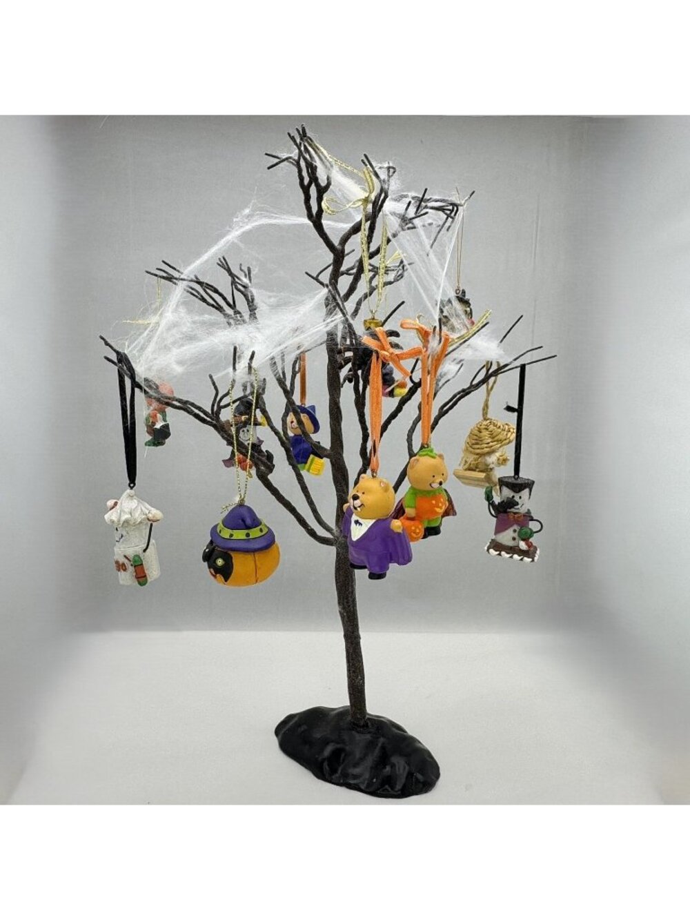 Halloween Posable Tree 16" With 13 Hanging Ornaments Cobweb Detail Ghost Witch